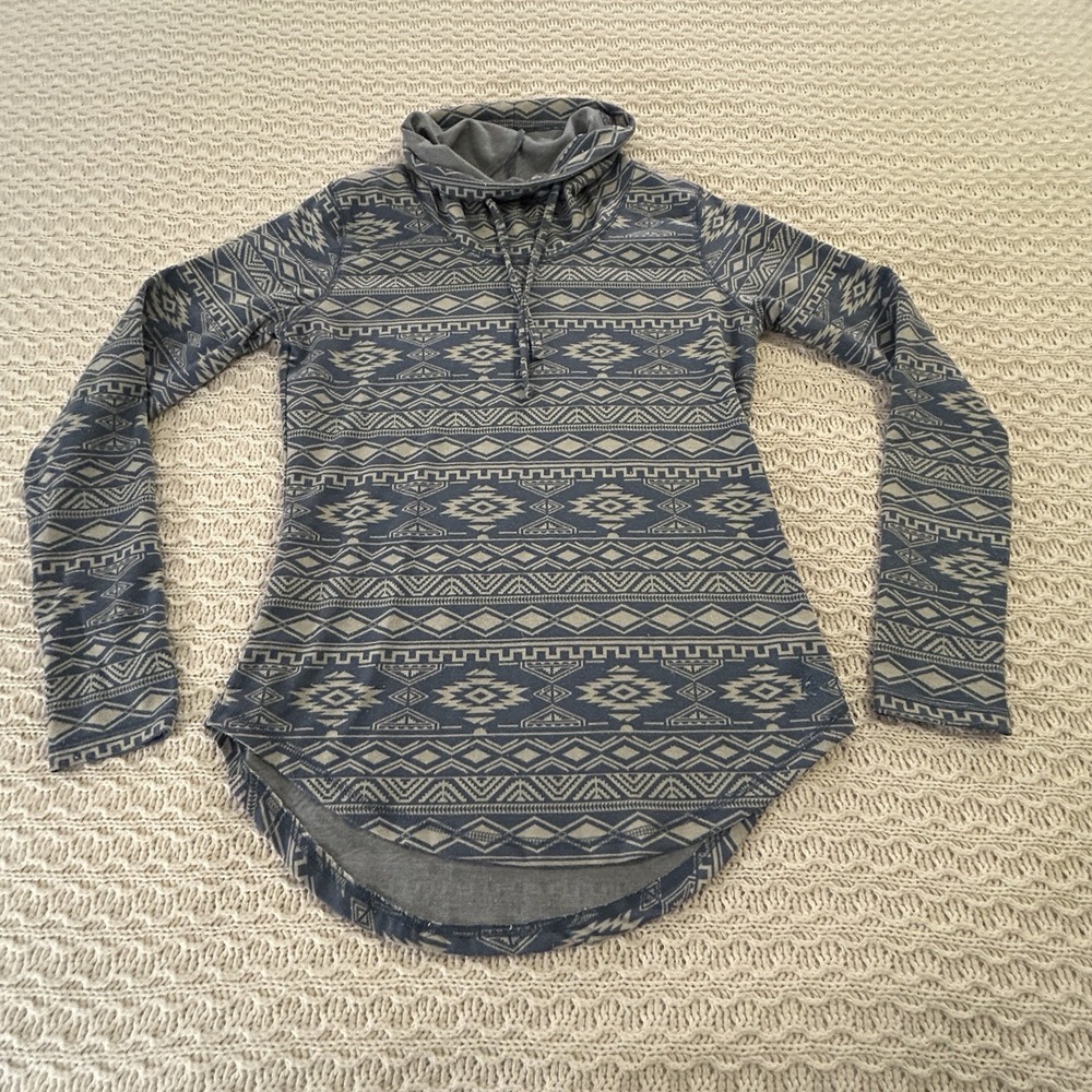 Kavu Skylar Cowl Neck Blue Aztec Athletic Top Womens Size Small With Thumbholes